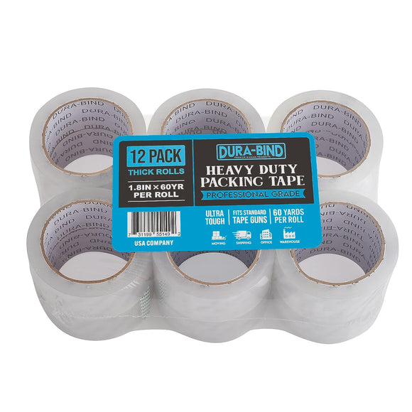 Dura-Bind Clear Packing Tape Refills, Heavy Duty Premium Packaging Tape for Sealing Boxes, 1.8 Inch x 60 Yards (12 Pack)